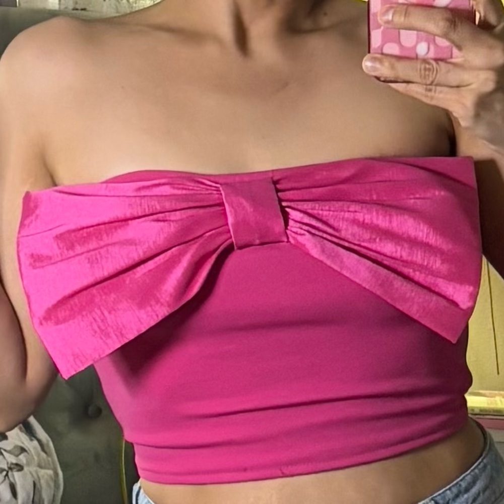 Thirty/Thirty hot pink strapless bandeau Corset tube crop top / large front bow